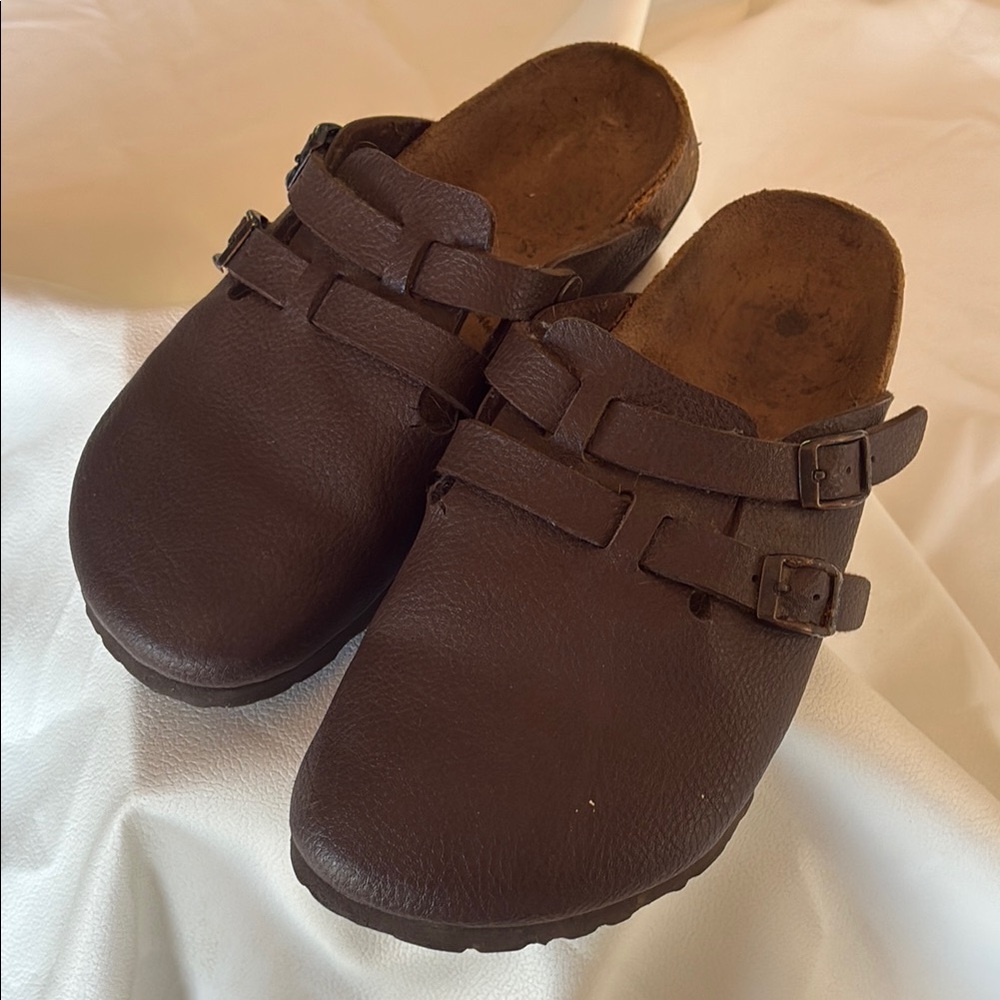 Birkenstock Brown Leather Mules with Adjustable Buckles